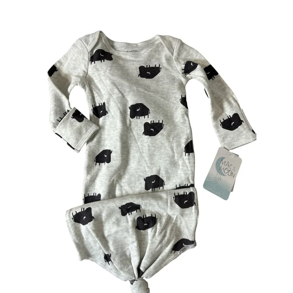 Mac and Moon Baby Knotted Gown Gray Black Buffalo Bison Print OS DF20M1447‎